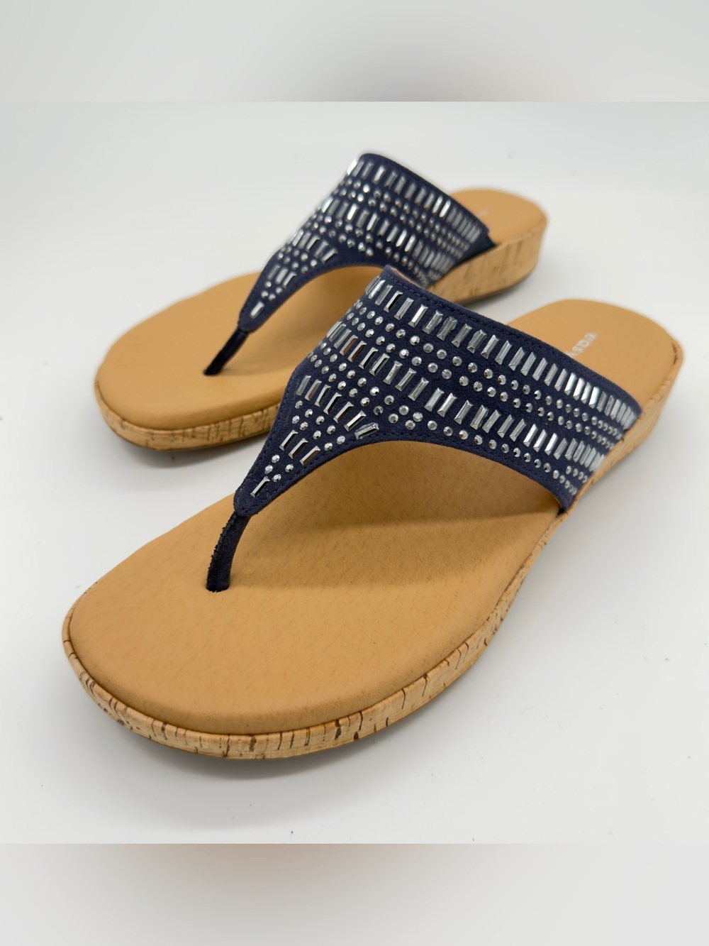 Easy Spirit Navy Embellished Thong Sandals with Cork-Trim Sole